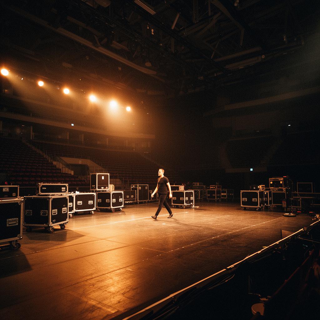 Arena stage with road cases and work lights